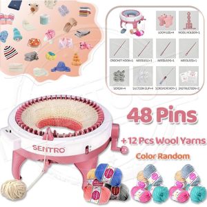 Knitting Machine Crochet Machine Smart Weaving Loom Round Knitting Machines 48/22 Needles Loom Knitting Board Rotating Double Knit Loom Beginner Punch Needle Kit for Sock Hat Scarf