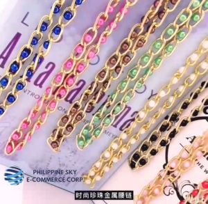 Alex Mall COD H-41# Women Faux Pearl Metal Thin Waist Chain Belt Bead Tie Waistband Strap Fashion