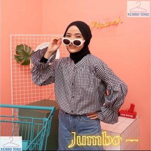 Baju Kemeja Jumbo Wanita Lengan Terompet Atasan Kotak Monokrom Oversize Hem Kancing Hidup