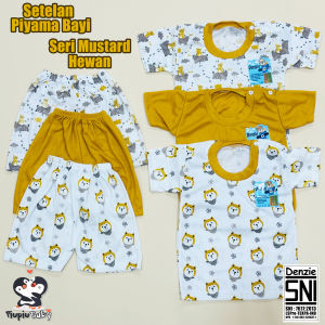 Top 1 DENZIE - Setelan Baju Bayi Seri Mustard Pendek Kancing Bahu Usia 0-12 Bulan Motif Hewan Polos
