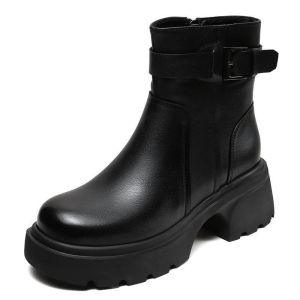 IELGY Thick-soled Womens New Fashion Round Toe Chelsea Boots British Style Belt Buckle Real Soft Leather Motorcycle Boots