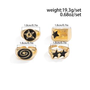 COVIEEZB 4pcs Irregular Design Geometric Open End Rings Black Five-Pointed Star Bold Design Stainless Steel Rings Finger Rings Sets Wide Opening Punk Couple Rings Fashion