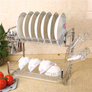 ชั้นวางจาน 2 ชั้น ชั้นคว่ำจาน ที่คว่ำแก้ว รูปทรงตัว S เก็บจาน ชาม และ ถาดรองน้ำ ที่วางจาน