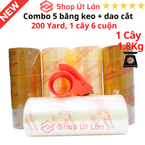 Combo 5 cây băng keo trong đục 200yard kèm dao cắt băng keo nặng 1.8kg lõi giấy 5mm rộng 47cm 1 cây 6 cuộn