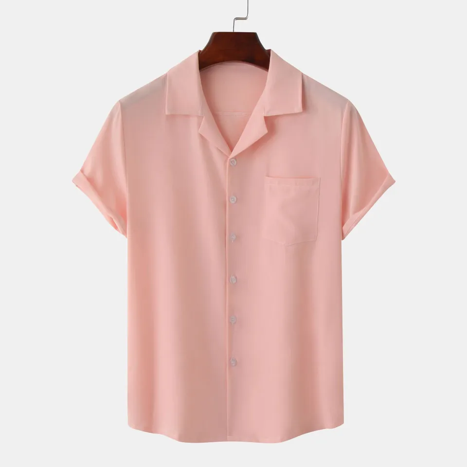 Men's Summer Plain Short Sleeve Square Collar Button Shirt with