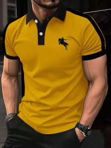 Men Polo Shirt Horse Print Contrast Trim Polo Shirts for Men