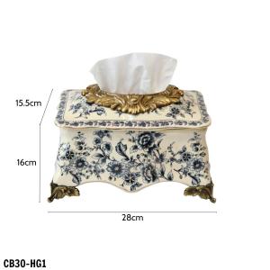 HỘP ĐỰNG KHĂN GIẤY GỐM SỨ DÁNG TÂN CỔ ĐIỂN HỌA TIẾT HOA NHÍ XANH CB30-HG1