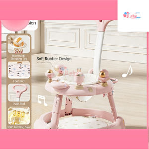 Foldable Baby Walker with PU Silent Wheels Music Lights Adjustable Height Rotating Seat Baby Activity Walker