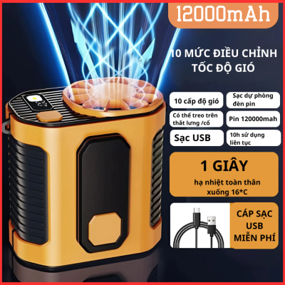 Quạt Đeo Thắt Lưng Pin 10000mAh  – 10 Cấp Độ Gió, Đeo Hông/Đeo Cổ, Quạt Điều Hòa Mini, Dùng 10H ̣bảo hành 12 tháng
