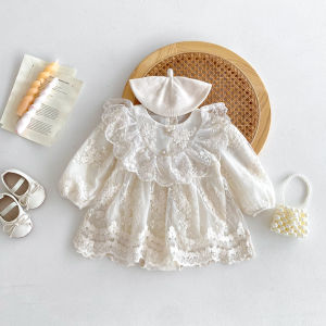 2026 Baby Girl Princess Dress 0-24M Vintage Lace Embroidered Ruffled Collar Romper Dress with Snap Closure Formal Party Dress2026