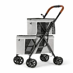 🐱&🐶【READY-STOCK】BELLO Double Layer Pet Stroller Foldable 2-Tier Dog Cat Push Cart 360° Wheels Strong Load Capacity