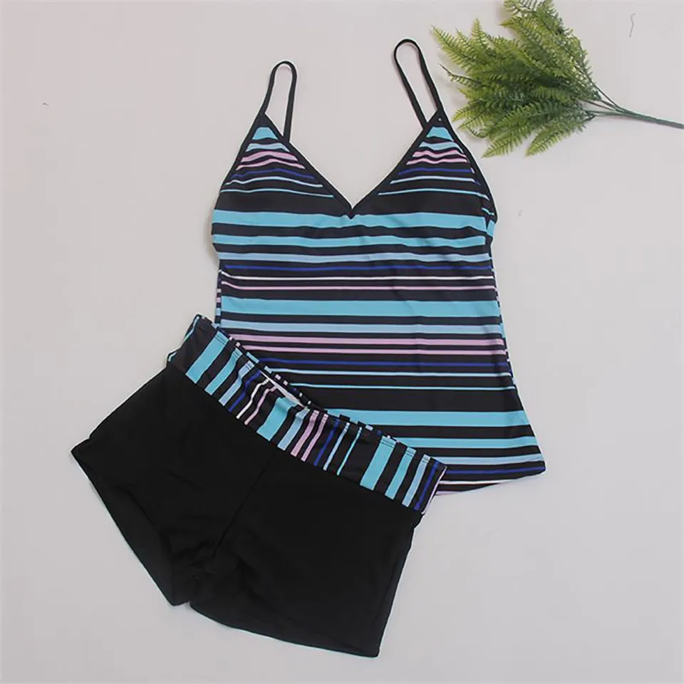 Shemi 2Pcs/Set Padded Swimsuit Split Type Plus Size Striped Print Tankini  Set for Beach