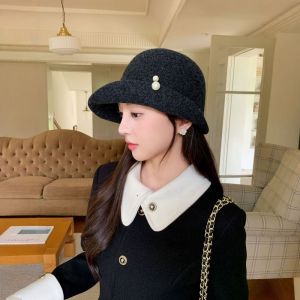 PENTU Pearl Wool Blend Fedoras Hat Curled Brim Retro Hepburn Style Topper Hat Fashion Elegant Woolen Bucket Hat Ladies