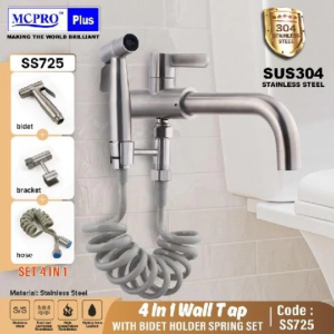MCPRO Stainless Steel 4 IN 1 WALL TAP WITH BIDET HOLDER SPRING SET for Bathroom Faucet (SS725)