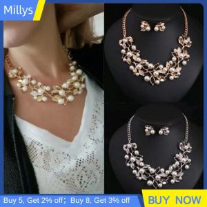 Millys ชุดเครื่องประดับต่างหูไข่มุกคริสตัลรูปต้นไม้และใบไม้สำหรับสุภาพสตรีหรูหรา