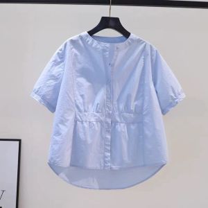 NANDO ATASAN KEMEJA WANITA KOREA STYLE DEPAN BELT BAHAN KATUN POPLIN PREMIUM LENGAN PENDEK