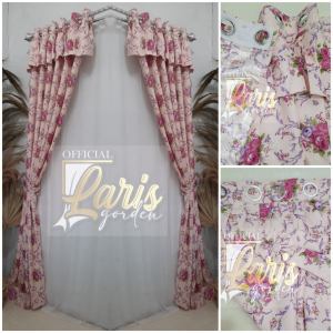 Gorden kordeng Jendela 2 Kaca Pintu Smokering 12 ring 130cm Motip Bunga Shabby bolak balik