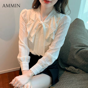 AMMIN ผู้หญิงสไตล์เกาหลีแขนยาวโบว์เสื้อชีฟอง2022ฤดูใบไม้ร่วงแฟชั่นใหม่และสง่างามคอวีหลวมทุกการแข่งขันลายลูกไม้ชีฟองด้านบนสบายๆเร้าใจเสื้อ