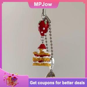 【MPJow】 Cute Small Dessert Strawberry Cake Phone Pendant Keychain Handmade Beaded Airspods Hangings Ornaments CCD Camera Chain
