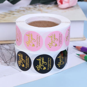 [Energetic] สติกเกอร์ขอบคุณ500ชิ้นตราประทับตกแต่งงานแต่งงานประทับร้อนสีชมพูป้ายทรงกลมสีดำ