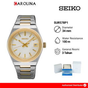 Jam Tangan Wanita Seiko Classic SUR578P1 Gold Bezel White Dial Dual Tone Stainless Steel Band
