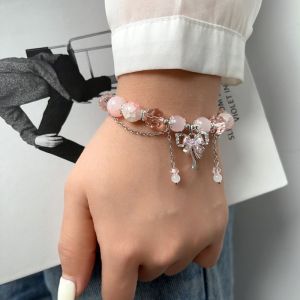 New Chinese bow pendant bracelet antique pink beaded bracelet niche design versatile jewelry Hanfu accessories