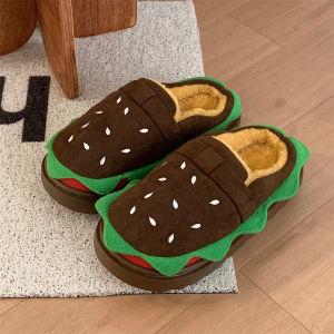 XIXITIAO Warm Cotton Slippers for Winter ins Feng Lady Cute Fun Burger Slippers Fleece-Lined Bedroom Warm Home Comfortable Cotton Slippers