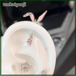 tuokaiguoji 1Pcs Cats Ear Shaped Flash Zircon Heart Cross Pendant Ear Bone Nail Earring For Women Trendy Body Accessories