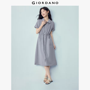 Giordano Women Dress Woven Lapel Fitted Waist Drawstring Midi Slight Stretch Free Shipping 05466087