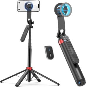 PlusAcc Magnetic Tripod for iPhone with Rechargeable Remote 69" Selfie Stick Mount for MagSafe 360 ° Rotation Extendable Travel Phone Stand Compatible with iPhone Camera Video Recording