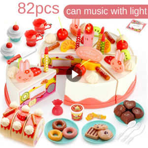 82pcs Kitchen Food Set Toys Birthday Cake With Lights And Birthday Song DIY Model Pretend Play Fruit Cutting Birthday Decoration Set Early Educational Toys for Girls