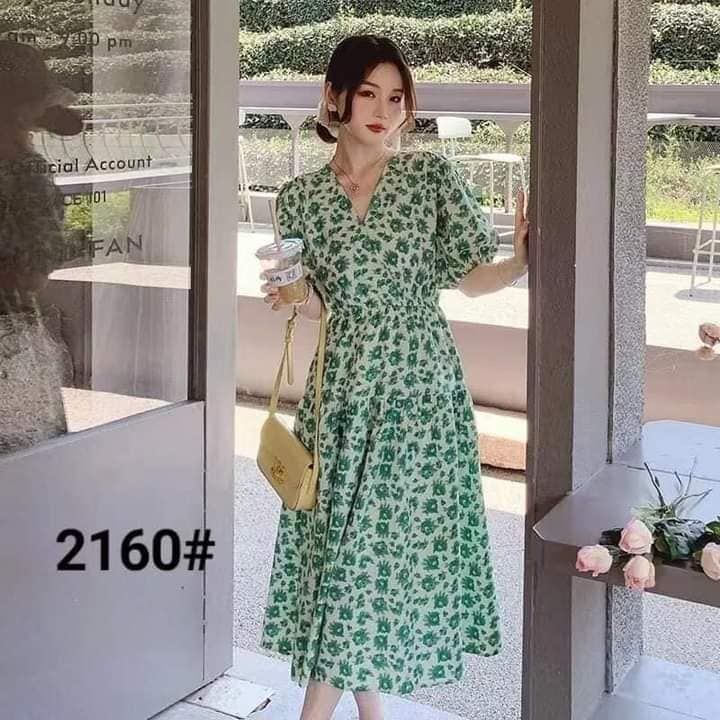 Womens Casual Formal V Neck Dress Floral Print Green Maxi
