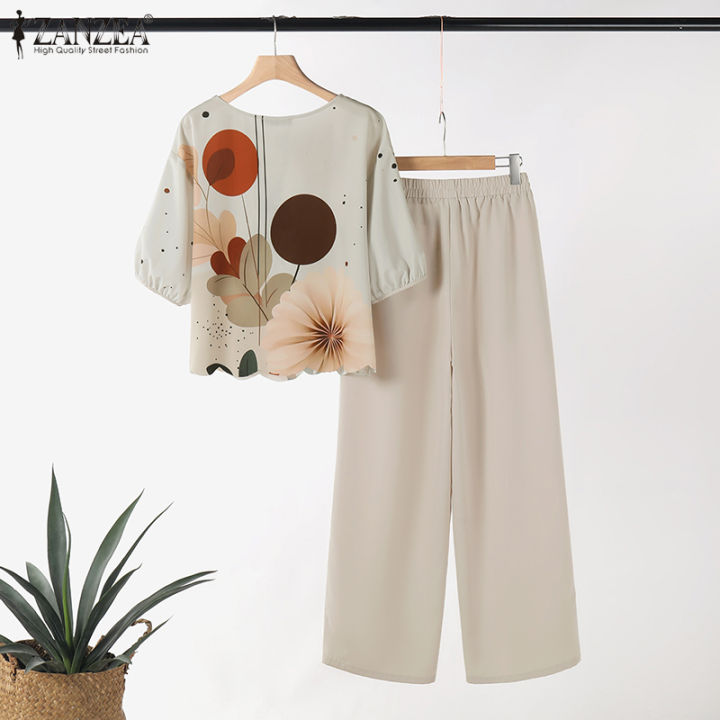ZANZEA%20Womens%20Lady%20Elegant%20Sets%20Crew%20Neck%20Lantern%20Sleeve%20Graphic%20Print%20Tops%20Wide%20Leg%20Trousers%20Suits%20#0909%20-%20Image%206
