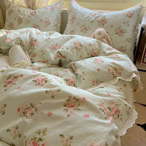 Dansunreve 3/4IN1 Lace Bedsheet Set Washed Cotton Romantic Floral Quilt Cover Set 四件套 Flat/Fitted Sheet Luxury French Soft Comfortable Bedding Pillowcase High Quailty Single Qu