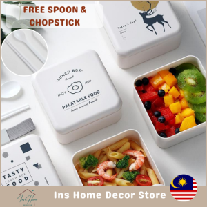 (InsHome) Double-Layer Lunch Box 1400ml With Dinnerware Set Camping Picnic Food Fruit Bento High Quality Microwave Safe Storage Box Bekas Makanan Birthday Present Christmas Gift Set Hadiah Harijadi 北欧风双层午餐饭盒 大容量微波便当(IHLBX001)