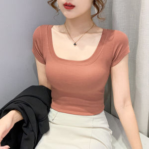 Her Store Women Round Neck Solid Color Short Sleeved T-shirt Black Short Sleeves Tshirt Slim Crop Tshirt Basic BlouseTop