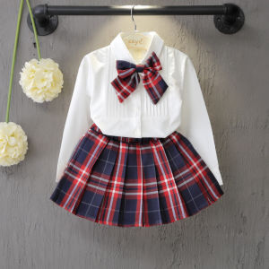 Bear Leader Academic style Girl Dress New Princess Dresses Class Uniforms Kids Bow Long Sleeve T-shirt+Plaid Dress Children Costume Clothing 2pcs Suits Student Girls Clothing Sets