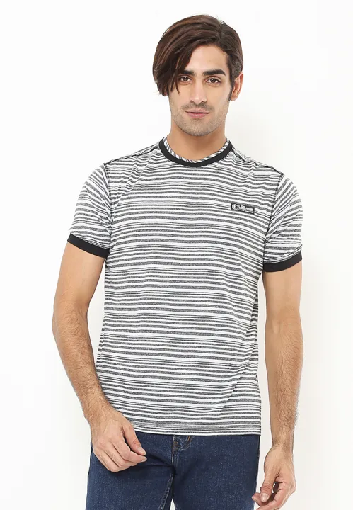 LGS - Kaos Casual - T-Shirt - Motif Salur - Putih - Slim Fit