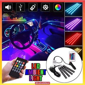 4PCS LED AMBIENT LIGHT Car Interior Remote Music Light Rainbow RGB LED Light Strip Car Foot Lamp Lampu Kaki Kereta