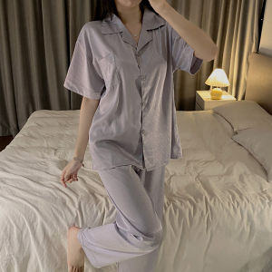 COD 2024 new high-end pajamas womens silk spring and autumn womens ice silk short-sleeved trousers loungewear set wholesaleGFDAGFDAA