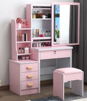 Modern Dressing Table Stool Bedroom Vanity Dresser Set Makeup Drawer Lock Desk with Mirror and 4 Drawers
