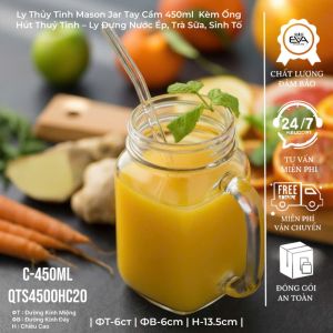 Ly Thuỷ Tinh Có Quai 450ml Kèm Nắp – Ly Uống Trà Sữa Sinh Tố
