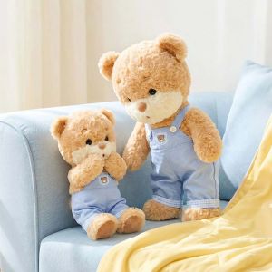 Kawaii Teddy Bear Plush Doll Fluffy Stuffed Bear Toy with Detachable Blue Overalls Lovely Bear Figure Holiday Birthday Gift