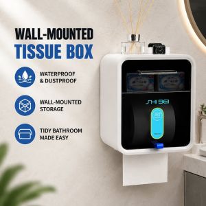 Wall Mounted Waterproof Tissue Box Holder Dustproof Cover Adhesive No Drill With Shelf Storage