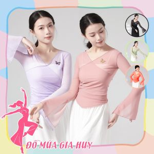 Áo múa cổ trang Trung Hoa áo thun lưới tay loe đính bươm bướm MA04