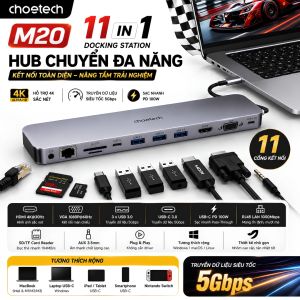 Hub Type-C PD 100W chuyển đa năng DockSphere™ Pro kiêm giá đỡ Choetech M20 Docking Station 11 in 1 USB-C cho Macbook/Laptop - HDMI 4K VGA PD 100W RJ45 Gigabit USB 3.0 5Gbps SD/TF AUX 3.5mm Vỏ nhôm tối ưu tản nhiệt và có lớp chống trượt