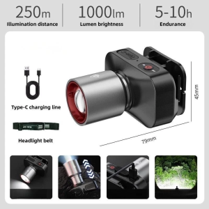 Zoomable Rechargeable Headlamp with IPX4 Waterproof and 3 Lighting Modes - Black