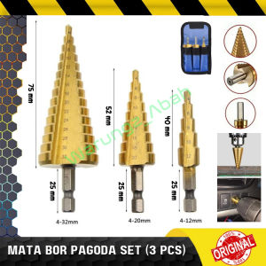 KEPALA MATA BOR HSS BERTINGKAT PAGODA KERUCUT MONAS PIRAMID PIRAMIT SUSUN TITANIUM MULTIPLE MULTI SIZE HOLE SPIRAL CONE HSS STEP DRILL BIT SET 3PCS 3 PCS COATING TITANIUM COATED STEEL BESI KAYU ALUMUNIUM ALUMINIUM ALUMINUM STAINLESS PVC ACRYLIC TAJAM KUAT
