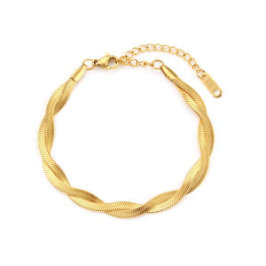 Gnker 8K Gold Plated Waterproof Braided Herringbone Chain Necklace Bracelets Set Stainless Steel Jewelry For Women