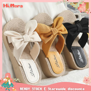 Hi.Mars Women Korean Style Canvas Fabric Bowknot Non-slip Heighten Bottom Slippers Wedges Shoes Sandal
